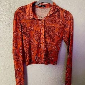 Orange Mesh Long Sleeve Button Down